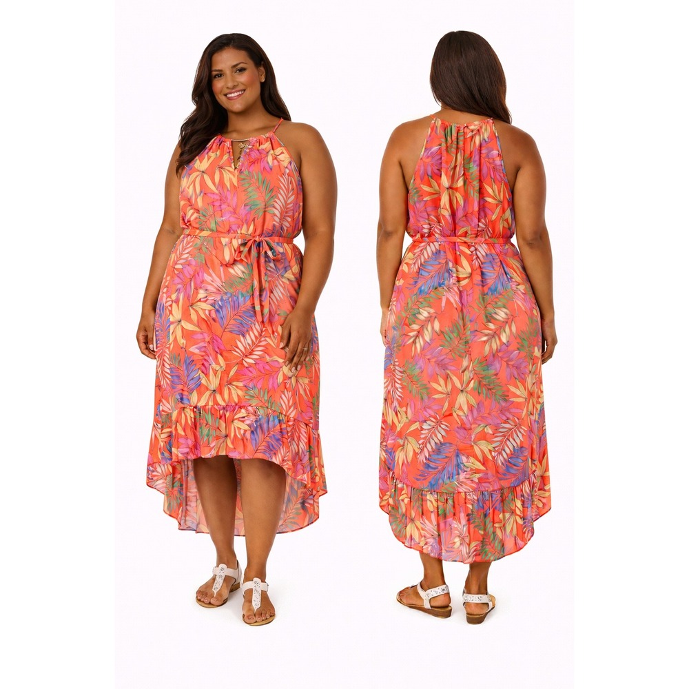Mlle Gabrielle Womens XL Tropical High-Low‎ Halter Dress Coral Pink Palm Leaf